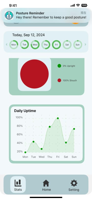 Posture Checker 界面原型中的提醒与每日坐姿趋势