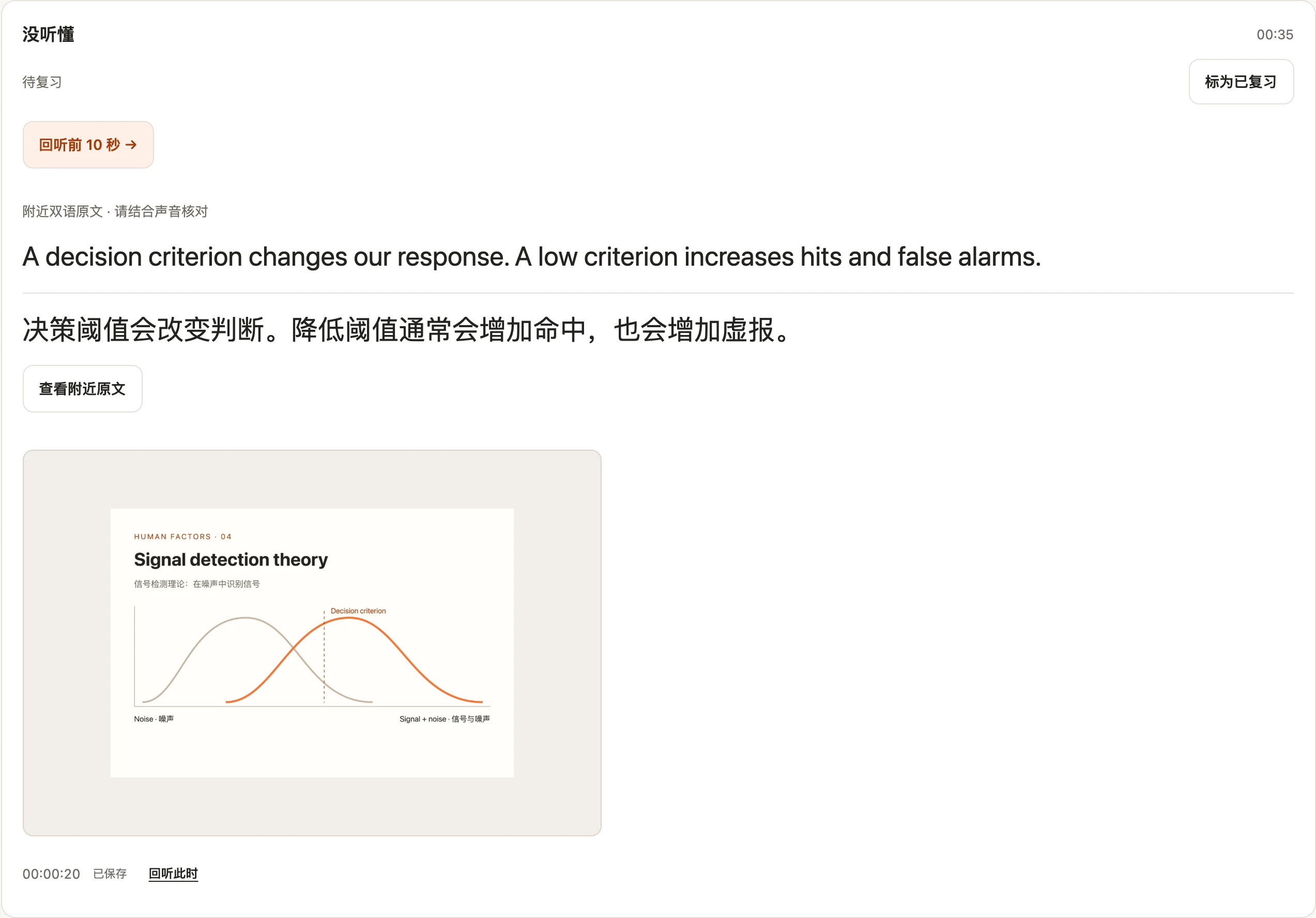 真实疑点卡片,包含前十秒回听、附近双语原文、此前的课堂照片和手动复习按钮